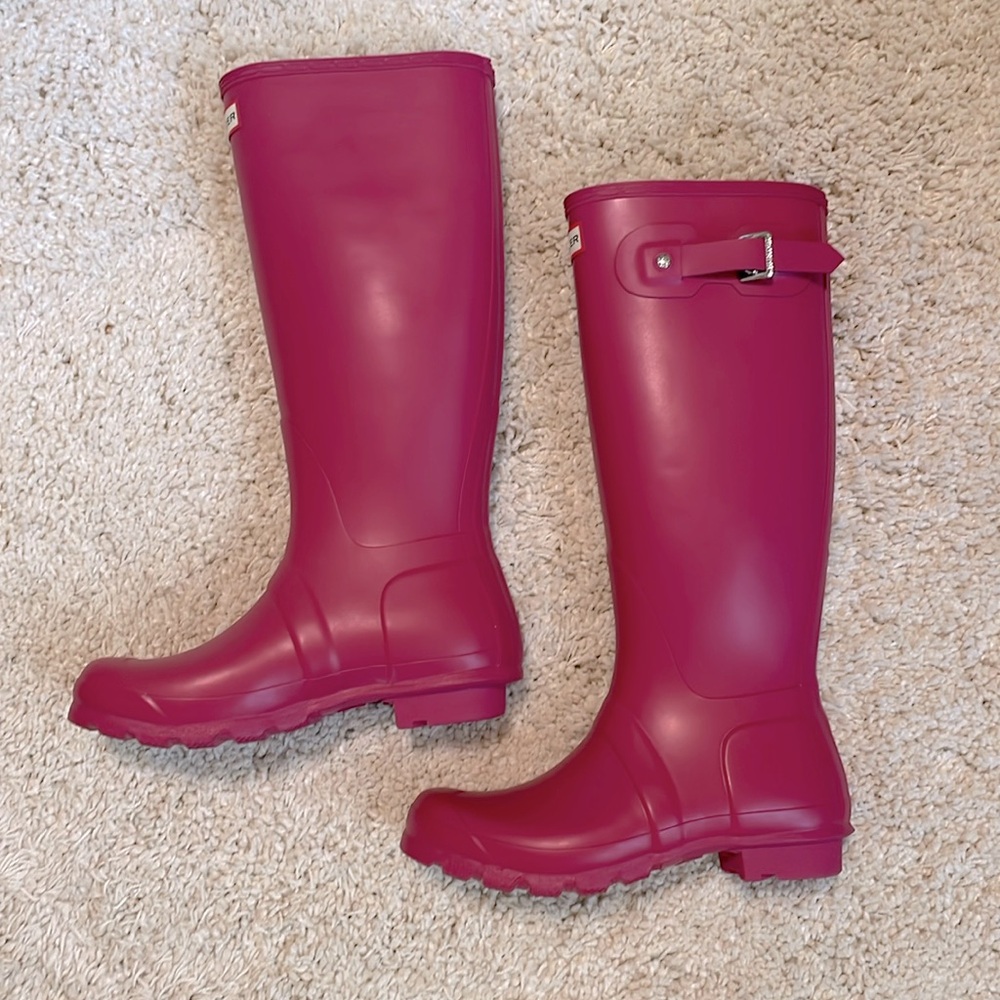 New women’s hunter rain boots pink 7 knee length buckle original tall rubber